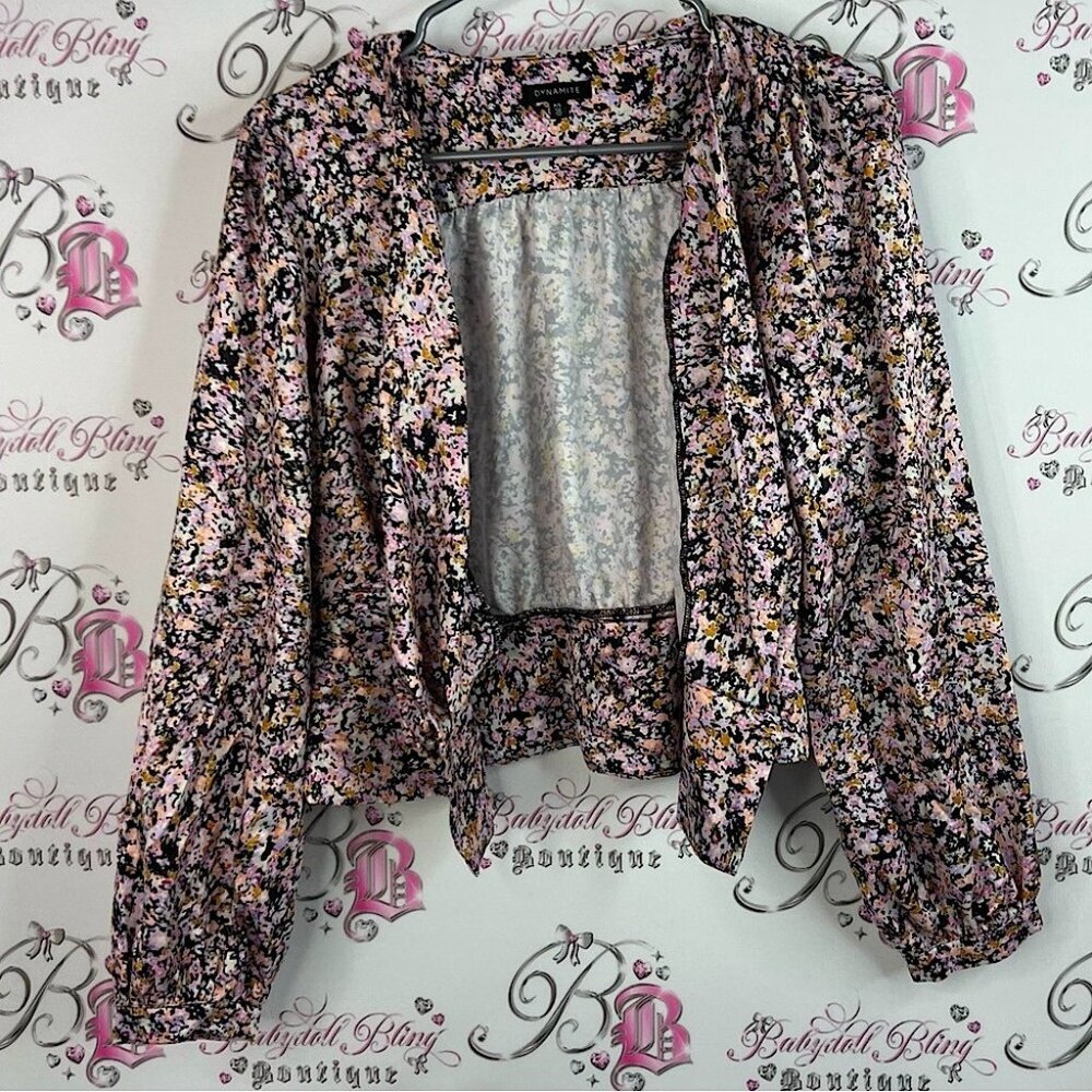 Dynamite blazer cardigan flowers shiny Floral Long Sleeve Blouse